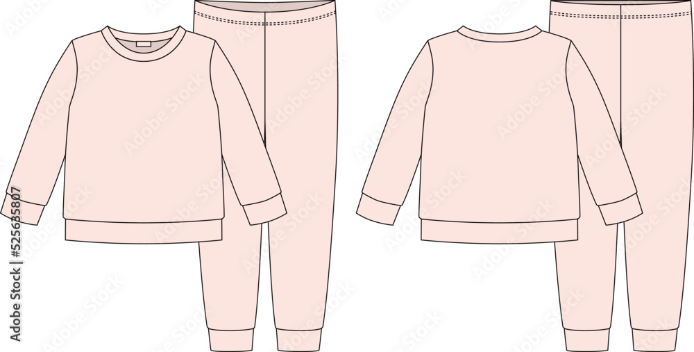 Wall mural Apparel pajamas technical sketch. Light pink color. Childrens cotton sweatshirt and pants.