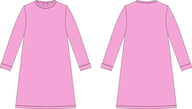 Nightdress technical sketch. Cotton chemise for children. Bright pink color. Nightgown.