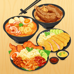 Bak Kut Teh singapore food menu close up. Shrimps (prawns) laksa soup recipe. Traditional singapore food nasi lemak rice cooker. Chinese food hainanese chicken rice on black plate. Asian foods menu.