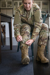 Fototapeta premium Air Force service member gets ready for work and leaves.