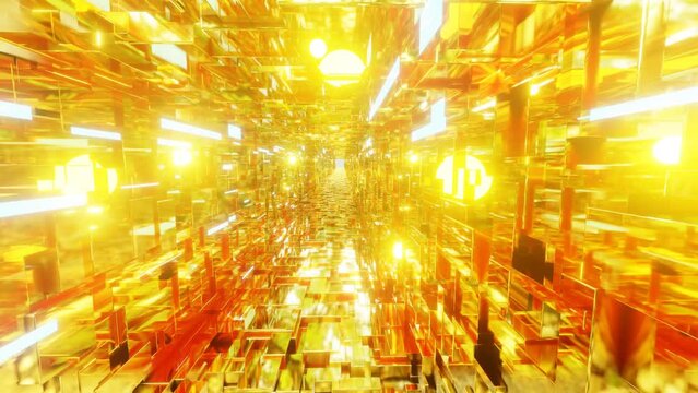 Fine golden glitter abstract Sci-fi graphic background,Procedural Sci-fi gold cubes looping movie, golden bright and lightning. cubic loop.	