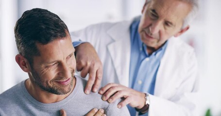 Physiotherapy, osteoporosis and chiropractor for pain, wellness support and physical therapy of patient injury in clinic. Man consulting healthcare doctor for medical service and hospital surgery