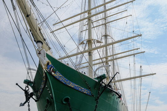 Steel sailing boat clipper windjammer freighter ship Rickmer Rickmers against blue sky with white clouds in port of Hamburg, HH Germany