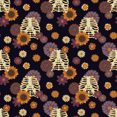 Bones and flowers boho Halloween seamless pattern. Chest with groovy daisies flowers. Magical vector illustration on a dark background.  © Sleepy garden
