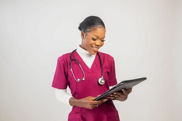 African female nurse in pink uniform checking the paper on a grey background