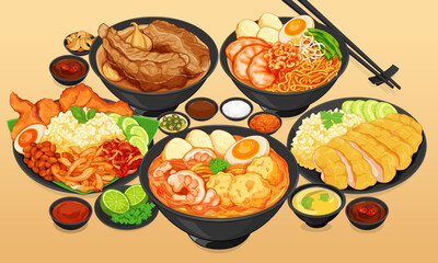 Bak Kut Teh singapore food menu close up. Chinese food hainanese chicken rice. Hokkien mee noodles singapore. Asian shrimps (prawns) laksa soup recipe. Nasi lemak rice cooker.