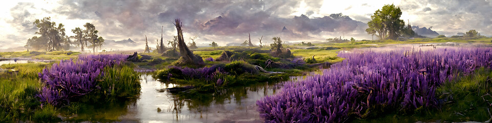 Obraz premium Artistic concept of painting a beautiful landscape of wild nature, with flowery meadows in the background. Tender and dreamy design, background illustration