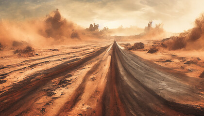 Fototapeta na wymiar Dust sand cloud on a dusty road. Scattering trail on track from fast movement. Digital illustration