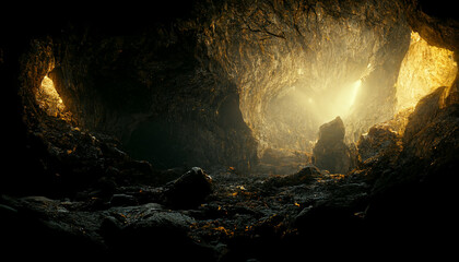 Silhouette inside the cave with light ray coimg from above - obrazy, fototapety, plakaty