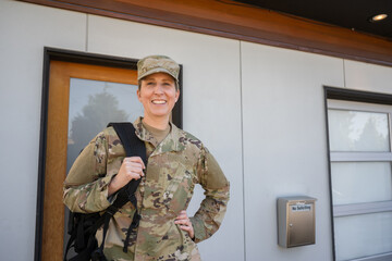 Air Force service member gets ready for work and leaves.