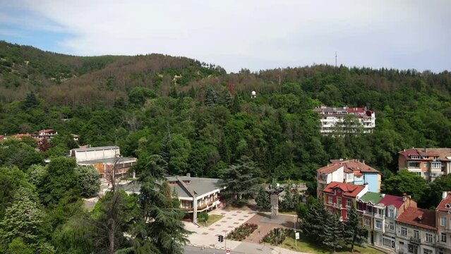 Aerial view of the Square Mite Markov and the Bridge with colorful umbrellas in Bulgaria Blagoevgrad