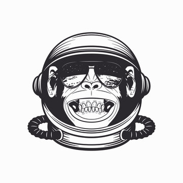 Vector Smiling Chimpanzee Ape with Astronaut Helmet, Funny Monkey with Cosmonaut Mask for Space Exploration. Spaceman Head Protection for Wall Art, T-shirt Print, Poster. Cartoon Cute Chimp Monkey