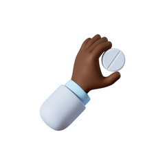 3d render. Black skin hand holds big white pill. Medical icon. African cartoon character doctor or pharmacist illustration. Pharmaceutical clip art isolated on transparent background
