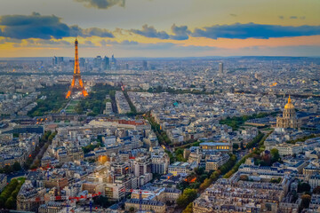 Naklejka premium Eiffel tower view from Montparnasse at sunset from above, Paris, France
