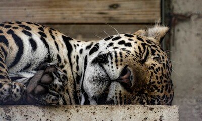 Closeup of a beautiful big jaguar sleeping in a zoo © Tumbas Filip/Wirestock Creators