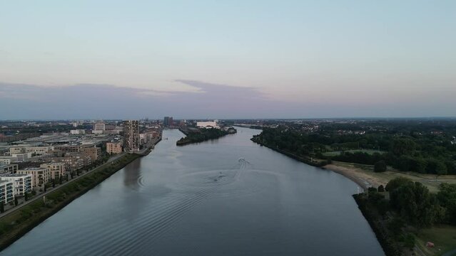 Aerial shot of the river Weser in Bremen, Germany