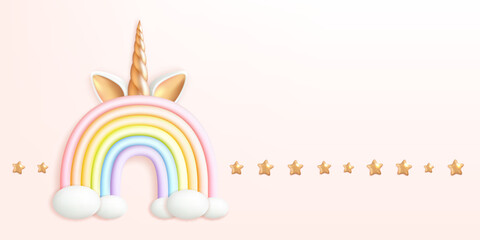 Unicorn horn and ears on fantasy cute rainbow arc and golden magic stars background. Vector illustration cartoon template for greeting card or poster.