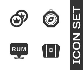 Set Antique treasure chest, Pirate coin, Alcohol drink Rum and Compass icon. Vector