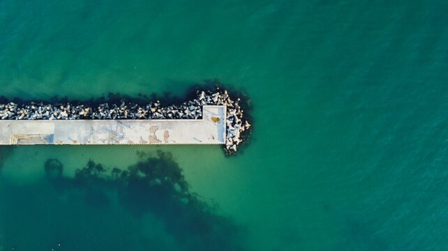 Aerial of concrete wave breakers and stone pier in a turquoise water in Varna, Bulgaria