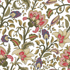Jacobean embroidery floral seamless pattern. Fantasy baroque print with olive leaves and red tulip flowers. Hand drawn oriental tiles. Vector laced decorative background. Floral textile.
