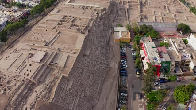 Aerial view of the buildings and Huaca Pucllana in Lima, Peru
