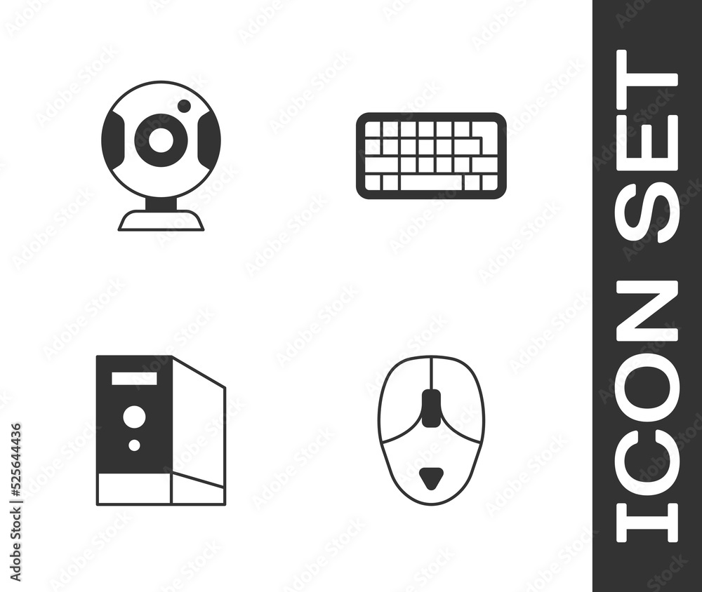 Poster Set Computer mouse, Web camera, Case of computer and Keyboard icon. Vector