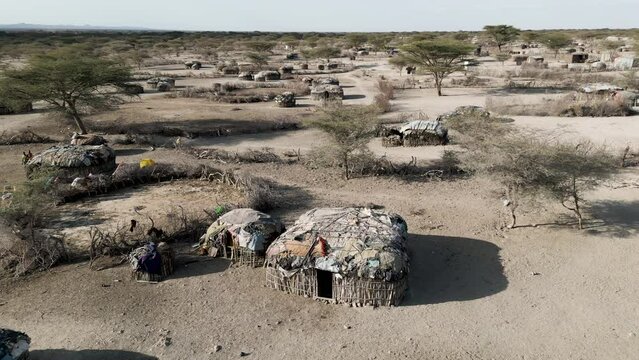 Climate change.drought.water crisis.poverty.Circular aerial view.Impoverished African villages in a drought stricken area. Kenya