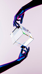3d rendering hands holding glass cube. People interaction. Abstract human relations illustration. Creative background. Neon metallic texture. Template with space for text