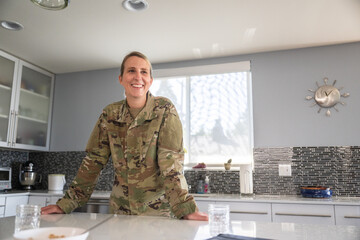 Air Force service member having breakfast with kids before work.