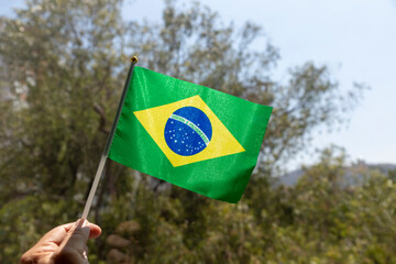 Brazilian flag fluttering in the wind with plants background. september 7th independence of brazil
