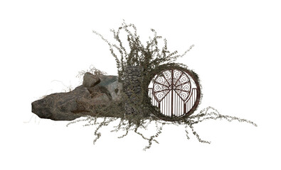 3D render circle gate in stone with running ivy and rocks