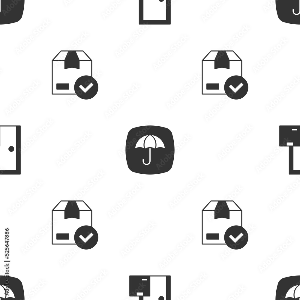 Poster set home delivery services, delivery package with umbrella and box check mark on seamless pattern. v