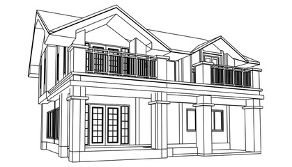 Wireframe of house. 3D wireframe. 3D House Perspective.