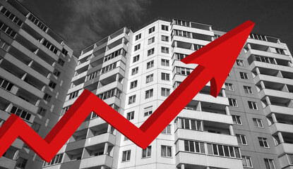 Red growing up large arrow on residential building monochrome background. Rising prices for...