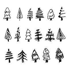 Vector hand drawn christmas trees icon set