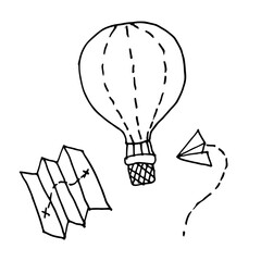 Vector hand drawn travel icon set: map, air balloon, plane