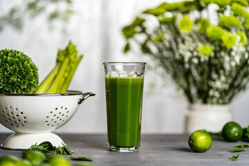 Fresh green juice with ingredients
