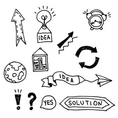 Vector hand drawn business icons: ideas, solution, earth, alarm