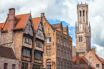 Fototapeta na wymiar Bruges belfry tower, above flemish architecture buildings, Belgium