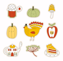 Cartoon autumn stickers. Vector set of hand drawn characters and seasonal attributes. Strawberry jam, pumpkin, fly agaric, turkey, apple, teapot, berry branch, pumpkin pie.