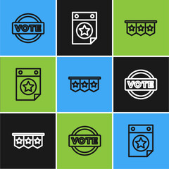 Set line Vote, Carnival garland with flags and Calendar date July 4 icon. Vector
