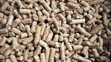 Wooden sawdust pellets. Cat litter filler or organic fuel. Moist hardwood pellets for mushroom cultivation substrate. 4k 60 fps background