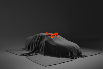 contemporary car hidden under black cloth with red ribbon on top. present or gift concept. low key, dim light 3d render illustration