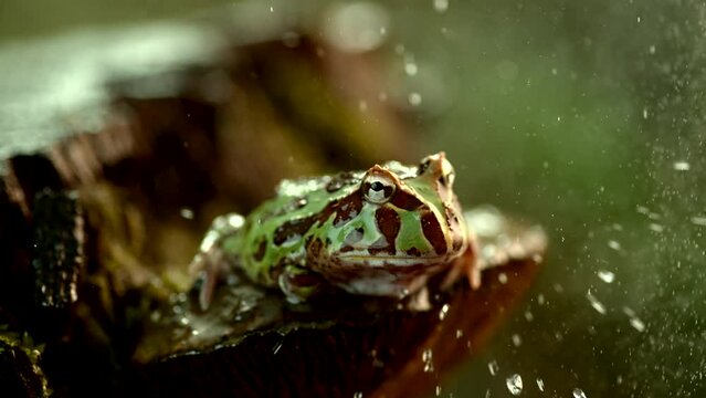 Slow motion of a Horned frog under the rain