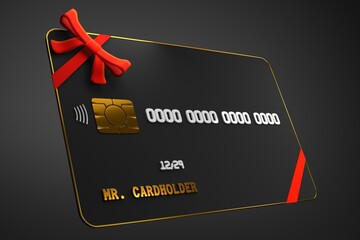 black credit bank card with red ribbon. premium, luxury, platinum vip gift concept. 3d render illustration