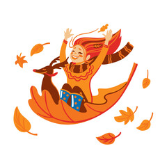 Little girl and her dog flying on big autumn leaf. Funny autumn games. Hello fall. Kids illustration.
