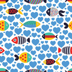 Lovers of fish. Vector seamless pattern with white fish on blue background and red hearts. Can be used for fabrics, textiles, scrapbooking and backgrounds.