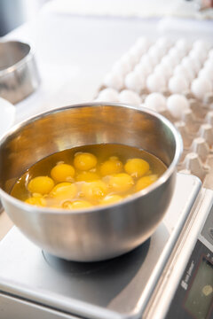Metal mixing bowl filled with eggs