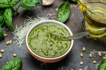 pesto sauce, Traditional Italian pesto recipe on a dark background, banner, menu, recipe place for text, top view