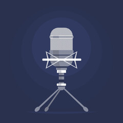 Studio microphone. Recording studio audio, radio, podcast. Equipment for singing and speaking. Pop culture, and entertainment. Flat vector illustration on blue background